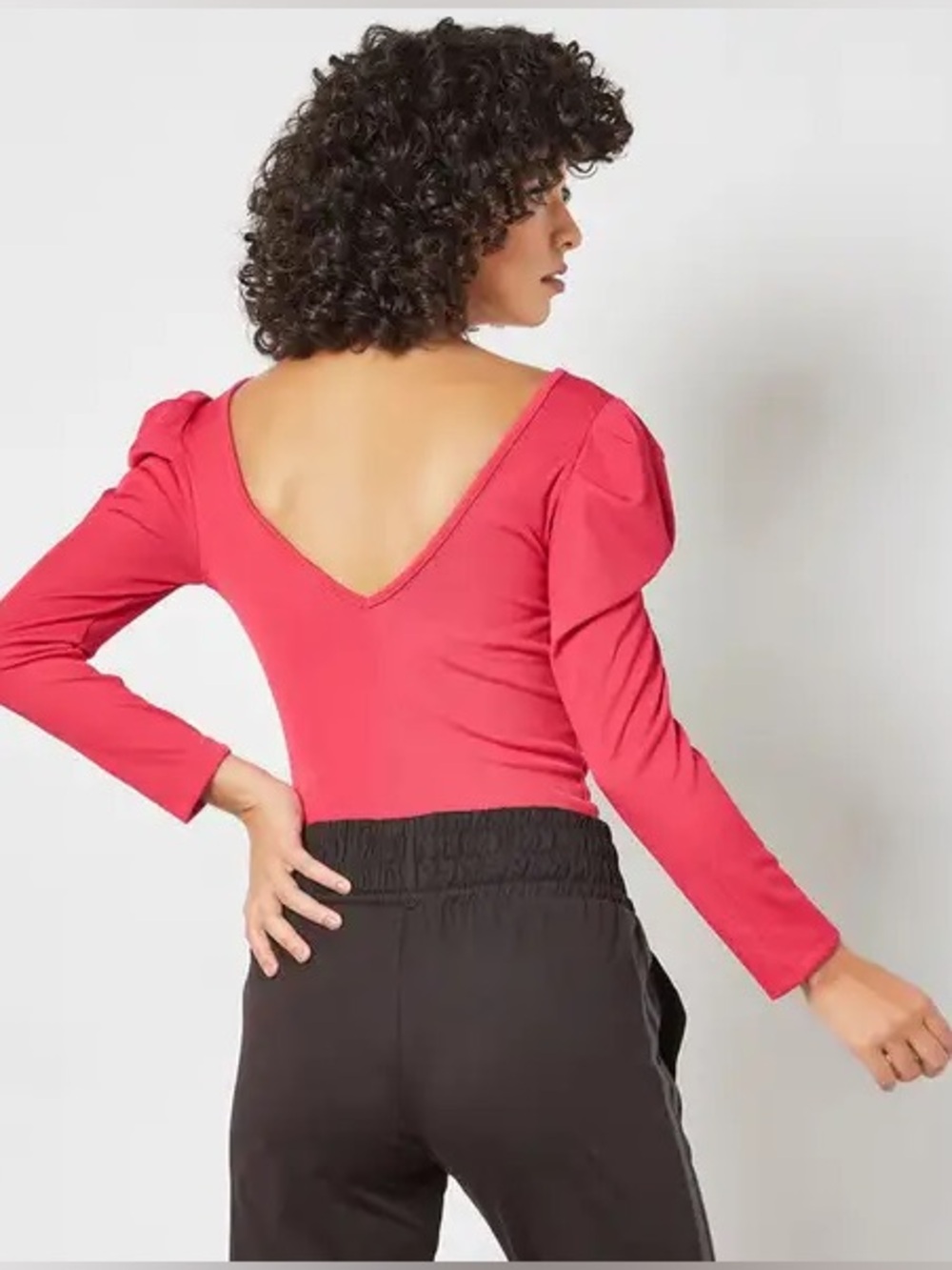V-Neck Puff Sleeve Bodysuit in Coral Pink